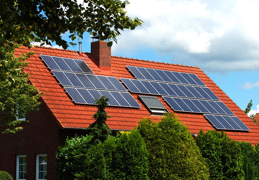 Red roof with solar panels