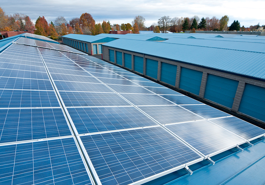 Solar panels on a large, commercial building